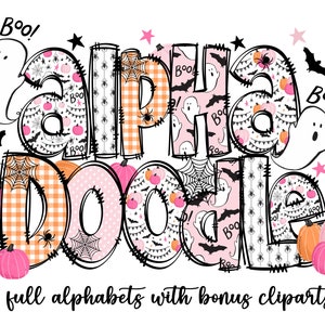 Pacote de alfabeto com rabiscos de Halloween, letras, números e acessórios PNG de Halloween, clipart rosa de Halloween, morcego-abóbora fantasma de bruxa, comercial