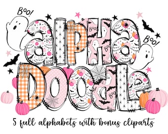 Halloween Doodle Alphabet Bundle, Halloween PNG Letters, Numbers & Accessories, Pink Halloween Clipart, Witch Ghost Pumpkin Bat, Commercial