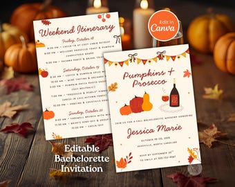 Pumpkins & Prosecco Fall Bachelorette Invitation and Itinerary Editable Autumn Bridal Shower Invite Template Rustic Weekend Party Itinerary