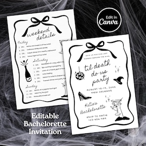 Til Death Do Us Party Bachelorette Invitation Weekend Itinerary Bride or Die Goth Halloween Theme Editable Bridal Party Invitation Template