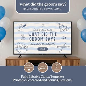 May include: A digital bachelorette trivia game template titled What Did The Groom Say? displayed on a television screen. The design features a light blue and white wavy background with line art illustrations of a hat, ring, kayak, and sunglasses.