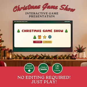 Puede incluir: Una presentación interactiva digital de Christmas Game Show mostrada en una pantalla de televisión. La pantalla muestra el título Christmas Game Show, iconos de un árbol, regalo, estrella y copo de nieve, y botones de Start Game y How to Play.