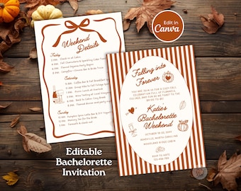 Falling Into Forever Fall Bachelorette Invitation Weekend Itinerary Editable Autumn Bridal Shower Invite Template Fall Bach Party Printable