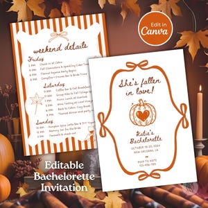 May include: A bachelorette invitation in orange and white, featuring a pumpkin design and the words "She's fallen in love!". The invitation includes event details and is set against a backdrop of autumn leaves and pumpkins. The text "Edit in Canva" is also visible.