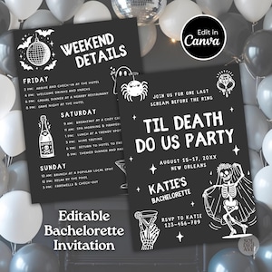 Til Death Do Us Party Invite Skeleton Bachelorette Invitation Weekend Itinerary Bride or Die Halloween Theme Bach Party Invitation Template