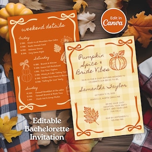 May include: Two autumn-themed invitations with orange and yellow accents. One lists weekend details, the other says "Pumpkin Spice & Bride Vibes." Both have decorative bows and fall foliage. A plaid shirt and leaves are in the background.