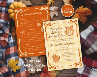 Editable Fall Bachelorette Invitation and Weekend Itinerary Template Autumn Bridal Party Invite Rustic Pumpkin Spice Bride Vibes Printable