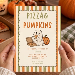 May include: A rectangular invitation card with a scalloped edge and orange and green vertical stripes. The text reads PIZZA & PUMPKINS, SATURDAY, OCTOBER 17, 4:00 PM, THE MILLER HOME, 123 MAPLE STREET, ANYTOWN, USA, RSVP TO JESSICA AT 555-123-4567.