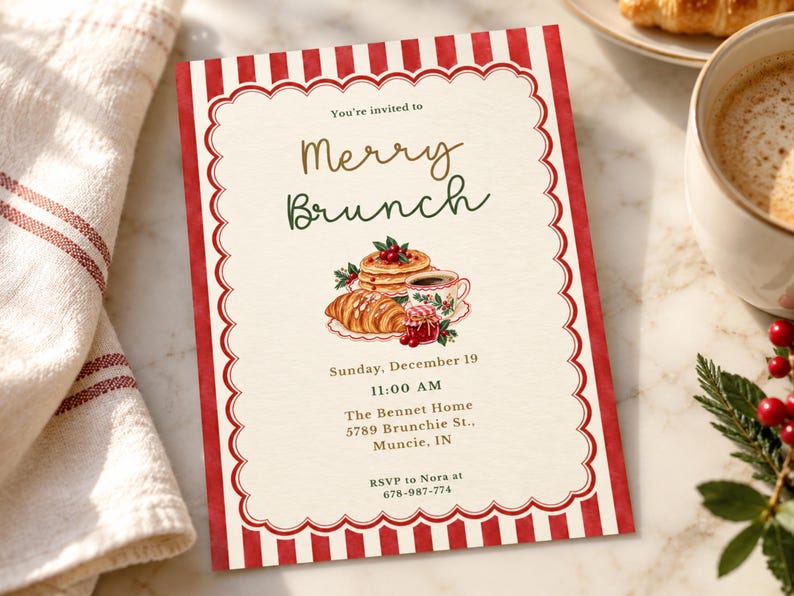 Christmas Brunch Invitation, Merry Brunch Invite, Vintage Holiday ...