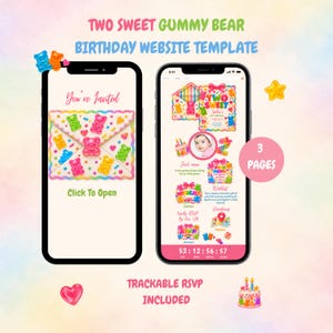 May include: Two smartphones displaying a digital birthday website template with a gummy bear theme. The screens show an invitation envelope, a photo placeholder, menu, wishlist, and RSVP sections with colourful gummy bear graphics and text.