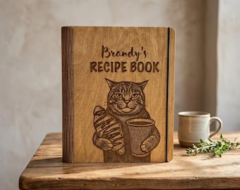 Libro de recetas de gatos personalizado: libro de cocina de madera personalizado con grabado, regalo para amantes de los gatos, carpeta de recetas