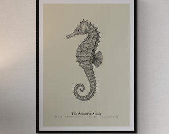 The Seahorse Study – Minimalist Seahorse Line Art Print, Vintage Marine Illustration, Black & White Ocean Wall Art, Nautical Decor