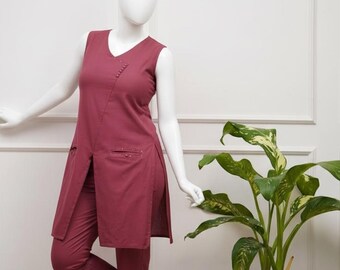 Handgefertigte Baumwolle Kurta Hose Set: Ärmelloser Indianeranzug