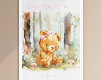 Personalized Framed Custom Baby Name Nursery Wall Art | Child's Room | Sleepy Girl Bear Nap Time | Over Crib Decor Whimsical Woodland Forest