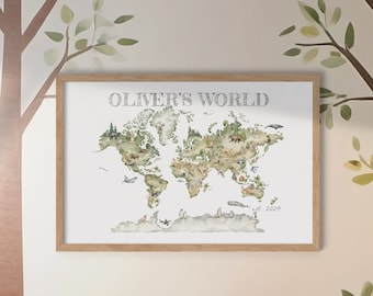 Personalized Baby Boy Framed Custom Name Date Nursery Wall Art Decor | Child's Room | World Map | Over Crib | Animal Kingdom Woodland Forest