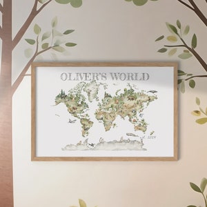 Personalized child's wall art with frame included. Watercolor style image of world map with animals throughout, shades of green and neutral tones. "OLIVER'S WORLD" at top of image and "est. 2024" at bottom right. Charming image woodland animals.
