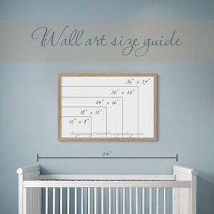 Wall art size guide. Gives a visual guide of image ratio over a crib. Shows 5 available sizes.