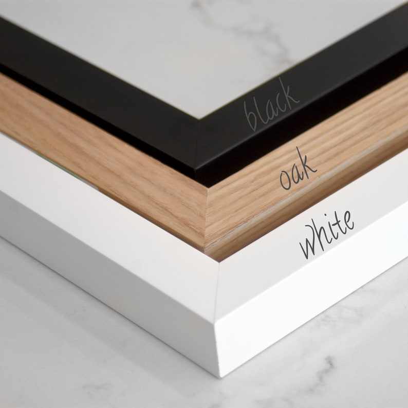 Solid wood framed art options. Shown in black, oak and white options.