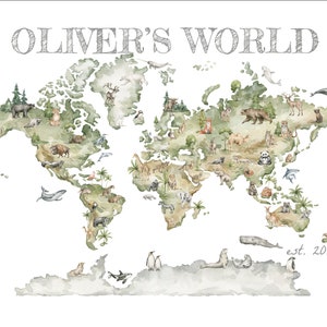 Personalized child's wall art with frame included. Watercolor style image of world map with animals throughout, shades of green and neutral tones. "OLIVER'S WORLD" at top of image and "est. 2024" at bottom right. Charming image woodland animals.