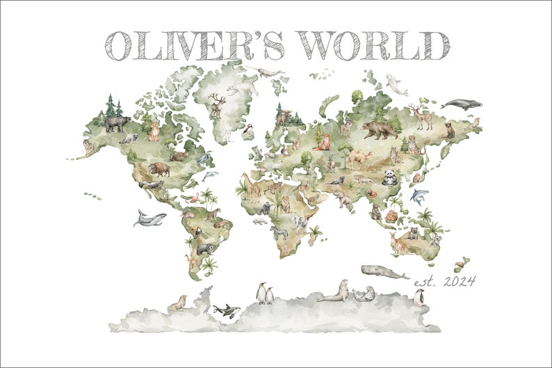 Personalized child's wall art with frame included. Watercolor style image of world map with animals throughout, shades of green and neutral tones. "OLIVER'S WORLD" at top of image and "est. 2024" at bottom right. Charming image woodland animals.