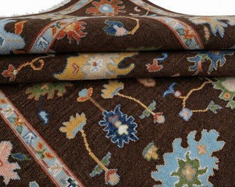 Handgeknüpfter Oushak-Teppich in Dunkelbraun und Himmelblau - Wolle, handgeknüpftes Medaillon-Muster, traditionelles Design, 2,3 x 3,5 m