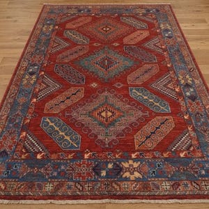 Rust Red & Navy Hand Knotted Oushak Rug – Wool, Tribal Geometric Pattern, Traditional Design, 9x12 ft