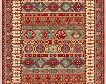 Rust Red Wool Geometric Tribal Hand Knotted Oushak Rug, Traditional Kilim Pattern, 9x12 Area Rug