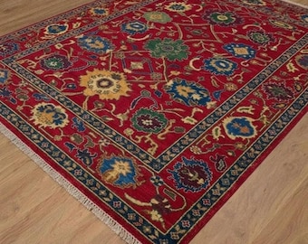 Red Wool Floral Oushak Rug, Hand Knotted Vintage Turkish Area Rug 9x12