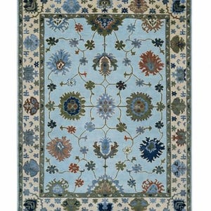 Hemelsblauw handgeknoopt oushak-tapijt, traditioneel wollen bloemendessin, oosters patroon, 9 x 12 ft