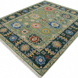 Grön flerfärgad handknuten Oushak-matta – ull, geometriskt blommönster, traditionell orientalisk design, 2,4 x 3,6 meter, hantverksmässigt gjord matta