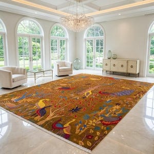 Brown Wool Hand Knotted Oushak Rug, Bird & Tree Garden Pattern, Vintage Oriental Boho Area Rug 9x12