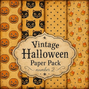 May include: A digital paper pack featuring four distinct patterns with a distressed texture. The designs include orange jack-o'-lanterns, black cat faces, black stars, and candy corn. A central label displays the text Vintage Halloween Paper Pack number 2.