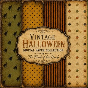 May include: A digital paper collection featuring four vertical panels with vintage patterns: black cats on olive green, black polka dots on mustard yellow, black and orange stripes, and small pumpkins on beige. A central label reads Vintage Halloween.