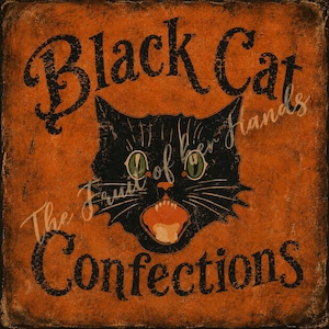 May include: A square sign with a distressed orange background featuring a black cat illustration with green eyes and an open mouth. The text Black Cat appears at the top and Confections at the bottom in black, weathered, serif lettering.