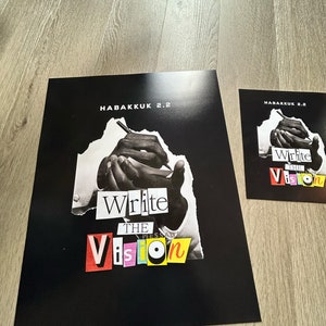 May include: Black and white image of a hand writing on a piece of paper with the words "Write the Message Vision" in colorful letters.