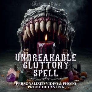 Könnte beinhalten: Digitales Kunstwerk, das einen monströsen Mund mit scharfen Zähnen, eine brennende Kerze und den Text "Unbreakable Gluttony Spell" zeigt. Das Bild enthält verschiedene Kristalle an der Basis. Der Text erwähnt auch personalisierte Video- und Fotobeweise.