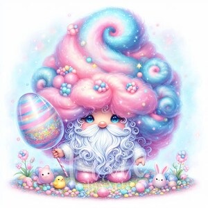 Clipart Nain de Pâques de barbe à papa | Lot de 10 JPEG haute qualité 300 ppp | Clipart gnome bonbons sucrés pour scrapbooking, journal indésirable, travaux manuels en papier