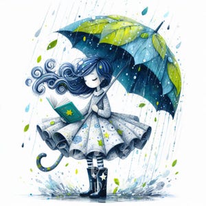 Clipart di ragazza stravagante e stravagante / Set di 10 JPG 300 DPI di alta qualità, ragazza sotto la pioggia stravagante per album di ritagli, diario fantasy, lavori di carta,