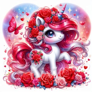 Ensemble de 8 cliparts licorne rouge Saint-Valentin, licorne rouge blanc, licorne papillons rouges roses, sublimation de 8 JPG haute qualité - U2625