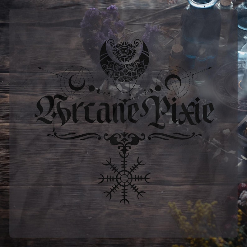 May include: A transparent overlay with the text "Arcane Pixie" in a gothic font, featuring a crescent moon and eye design, along with other mystical symbols. The background is a dark wooden surface with dried flowers and apothecary bottles.