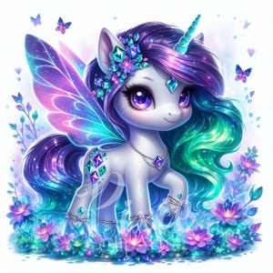 Clipart Licorne fée magique | Lot de 10 JPEG haute qualité 300 ppp, licorne féerique alexandrite pour scrapbooking, journal, travaux manuels en papier