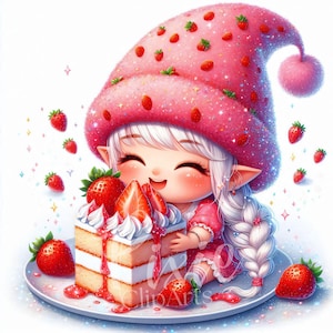 Clipart de nain amateur de gâteau aux fraises | Lot de 10 JPG 300 DPI de haute qualité | Clipart de nain de gâteau aux fraises pour scrapbooking, journal, créations en papier