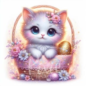 Clipart chaton de Pâques | Clipart chat printemps fleurs pastel | Lot de 8 JPEG 300 ppp haute qualité, clipart imprimable, sublimation | Chat printanier