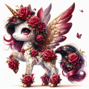 Imágenes prediseñadas de unicornio mágico (10 unidades, JPEG, alta calidad, 300 DPI, JPEG), unicornio floral rosa medianoche para álbumes de recortes, diarios y manualidades de papel.