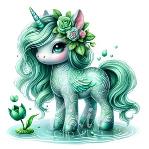 Magical Emerald Unicorn, Cute Fantasy Unicorn with Lotus Flowers Clipart Set of 8 PNG, High-Quality Printable & Sublimation Art, U1225