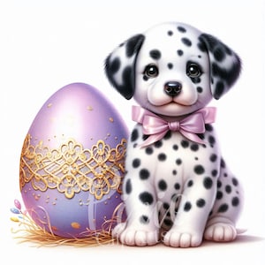 Clipart chiot de Pâques | Clipart printanier ludique dalmatiens | Lot de 10 JPEG 300 ppp haute qualité, clipart imprimable | Sublimation | Revue
