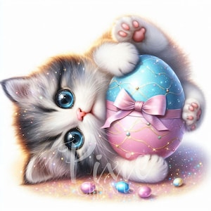 Clipart chaton de Pâques | Clipart chat printanier ludique | Lot de 8 JPEG 300 ppp haute qualité, clipart imprimable | Sublimation | Chat printanier