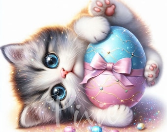 Easter Kitten Clipart | Playful Spring Cat Clipart | Set of 8 High Quality 300DPI JPEG, Printable Clipart | Sublimation | Spring Cat