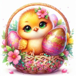 Easter Floral Chick Clipart, Cute Baby Chick Clipart Set - 8 JPGs High Quality Printable  Easter Clipart, Cute Spring Chick, Spring Animals