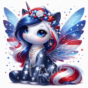 4th of July Unicorn Clipart | Set of 10 High Quality 300 DPI JPG Patriotic Magical Fairy Unicorn for Scrapbook, Jun Journal, Paper Craft